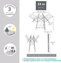 MSV Accordeon Wasrek Droger - Opvouwbaar Droogrek - 33m Drooglengte - Staal - 130x66x106cm - Wit — thumbnail 3