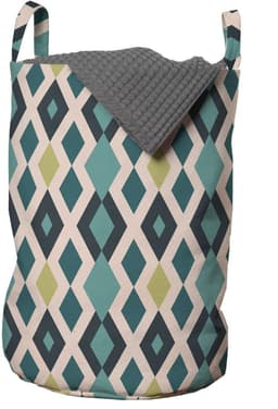ABAKUHAUS Geometrische waszak, zigzag en diamanten, wasmand met handvatten en trekkoord voor wasserettes, turquoise blush en kaki — thumbnail 4