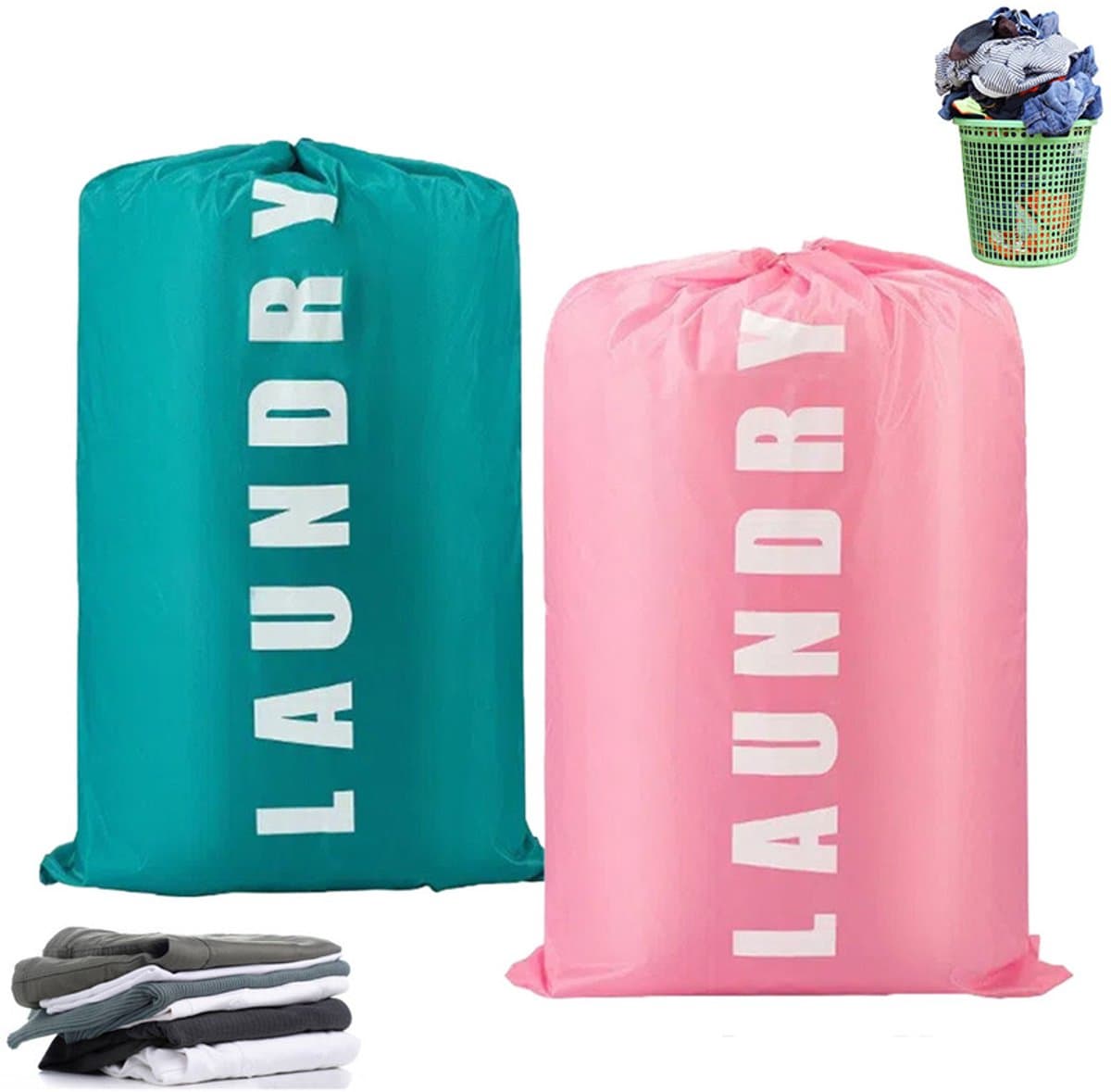 2 stuks - Waszak - Reiswaszak - Opvouwbare reiswaszak - Draagbare kleine waszak - Met trekkoordsluiting - Reistas voor vuile was - Grote waszak - 61 cm x 92 cm - Groen + Roze - Geschikt voor vuile was - Ideaal voor kamperen en reizen — afbeelding 1