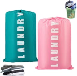 2 stuks - Waszak - Reiswaszak - Opvouwbare reiswaszak - Draagbare kleine waszak - Met trekkoordsluiting - Reistas voor vuile was - Grote waszak - 61 cm x 92 cm - Groen + Roze - Geschikt voor vuile was - Ideaal voor kamperen en reizen — thumbnail 1