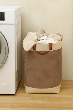 Webzon – Wasmand – Wasmanden – Wasmand inklapbaar – Opvouwbare Wasmand – 30×35×55 cm – Engels design – Jute stof met leren handvatten – Opbergmand – Opvouwbaar en ruimtebesparend – Bruin — thumbnail 1