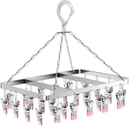 Draaibare, winddichte sokkenhanger, sokkenrek voor waslijn, roestvrijstalen sokkendroger met draaibare haak, ondergoeddroger met 26 clips en spijkers (roze) — thumbnail 1