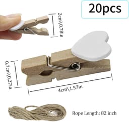 SnelShoppen - 20 Stuks Mini Houten Clips Hartvorm met 2m Jute Touw, Foto Clips voor DIY Decoratie, Witte Hart Clips voor Feesten en Creatieve Projecte — thumbnail 5
