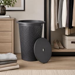 Storage Solutions Wasmand met deksel - donkergrijs - 35 liter - 40 x 52 cm - kunststof - rond - wasbox - mand voor wasgoed — thumbnail 4