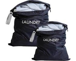 Waszak Reis - Set van 2 Stuks - Waterdichte Vuile Waszakken met Rits & Handige Ophanglus - Geschikt voor Koffer, Zwemmen, Camping & Vakantie - 60 x 45 cm & 55 x 35 cm - Marineblauw
