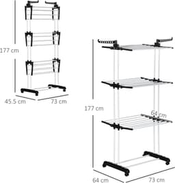 MEUNIQ Droogtoren met wielen 73 x 64 x 177 cm, 4 niveaus, inklapbare standdroger met kledinghangerhaken, vrijstaand wasrek voor balkon, badkamer of wasruimte, zwart — thumbnail 3