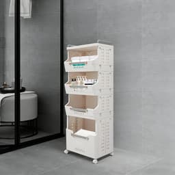 4-Laags Wasmand met 360° Stille Wielen – Opvouwbaar Wasrek en Kledingopbergrek voor Woonkamer en Badkamer – Wit — thumbnail 4