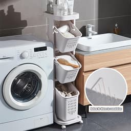 Opbergwagen op wielen - Wasmand met lagen - Ruimte organiseren - 360° vergrendelbare wielen - 108.5cm hoog - Grijs — thumbnail 3