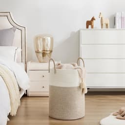 SnelShoppen - Wasmand Gevlochten Wasverzamelaar, Speelgoed Opbergmand met Handvat, Handgemaakt van Katoen, Wit en Bruin, Ideaal voor Kinderen, Woonkam — thumbnail 4
