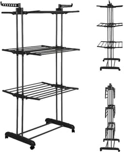 Dailygoods Kledingdroogrek voor binnen met wielen - Drielaags dubbelstaand opvouwbaar droogrek met vleugels - Geschikt v — thumbnail 1