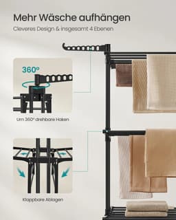 Velori Wasdroger Staand - Droogrek met 4 Niveaus - Opvouwbaar Droogrek - Wasrek met Wielen en Vleugels - Inklapbare Wasdroger - 63,5 x 125,5 x 173 cm - 41 kg — thumbnail 3