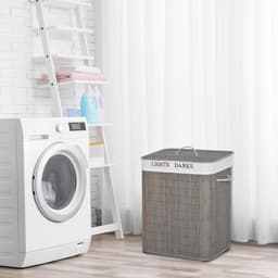 MEUNIQ wasmand 100L met 2 vakken, bamboe wassorteerder met deksel en handgrepen, uitneembare wasbare waszak, opvouwbaar, 52 x 32 x 63 cm, grijs — thumbnail 1