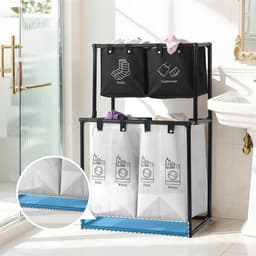 Wasmand 4 Vakken - Wassorteerder - Dubbellaags Wasmanden - met 4 Afneembare Oxford Zakken - Sorteert Donker/Licht/Ondergoed - Stevig Metalen Frame - 57x44x97 cm - Opvouwbaar - Voor Badkamer & Wasruimte - Zwart & Wit — thumbnail 4