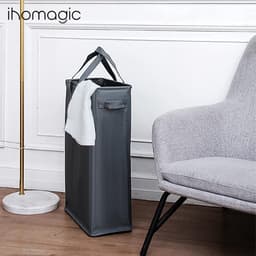 wasmand met handgrepen, inklapbare kledingmand hoge rechthoekige wasmand met ademende gaashoes, opvouwbare wasmand voor badkamer (45 l, donkergrijs) — thumbnail 2