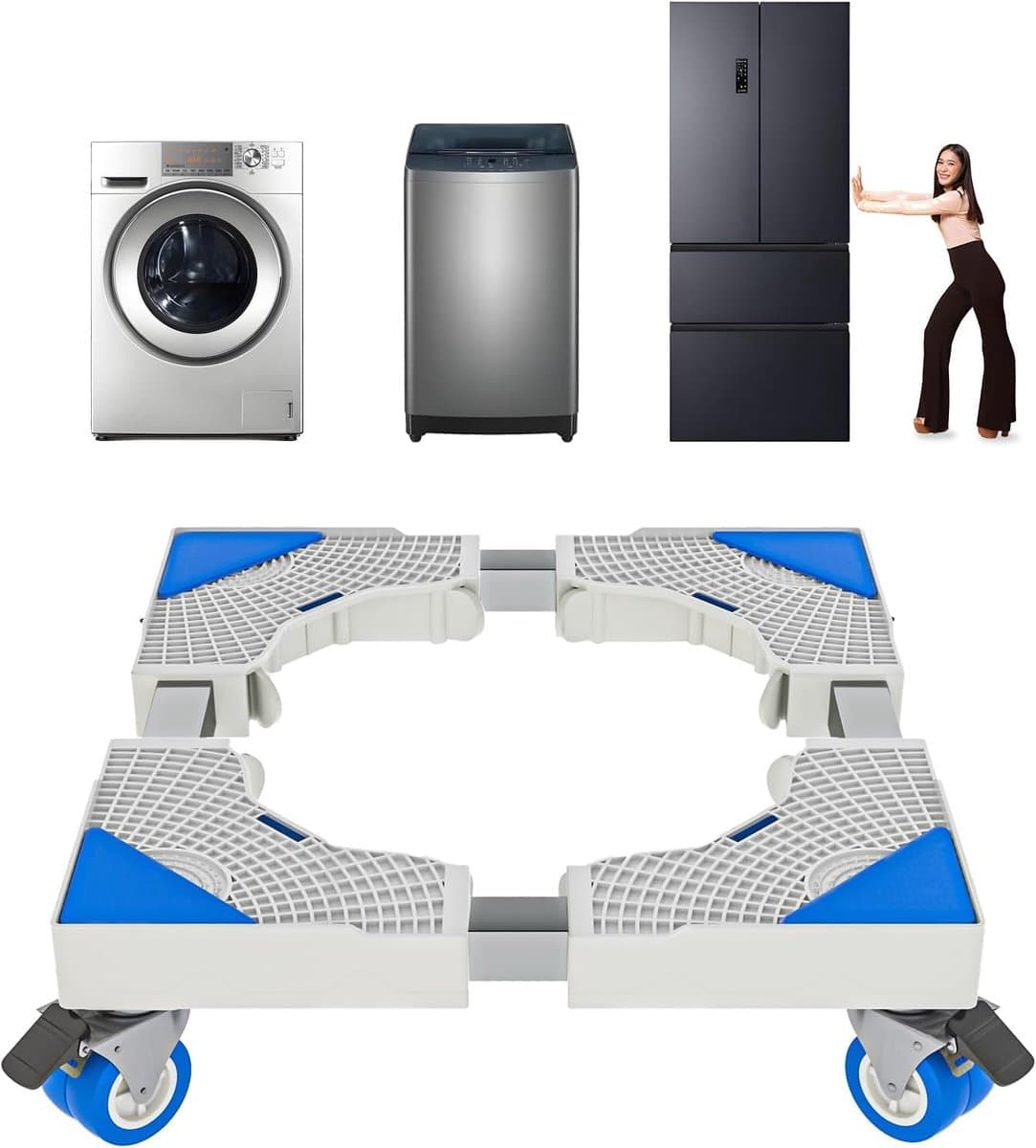 sokkel voor wasmachine, verstelbare sokkel van 41 tot 65 cm, voor droger, koelkast, hoge weerstand, schokdemper en geluidsreductie [energieklasse A+++] (4 wielen) — afbeelding 1