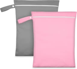 Waterdichte Waszakken met Handvat en Rits - Herbruikbare Stofzak voor Zwemkleding, Gym en Strand (Grijs & Roze) — thumbnail 1