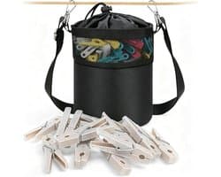 Wasmand met riem - Knijperzak - Wasknijpers meenemen - Verstelbare schouderbanden - 22 cm x 15 cm - Zwart