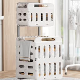 Wasmand op wielen - Kledingmand opbergmand - Kleding sorteren - Dubbellaags systeem - 47L x 41W x 14H cm - Wit — thumbnail 4