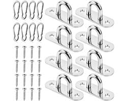 SnelShoppen - RVS Oogplaat Set van 8 met Carabiners - Muur- en Plafondbevestiging - Perfect voor Tuin, Camping, en Binnengebruik