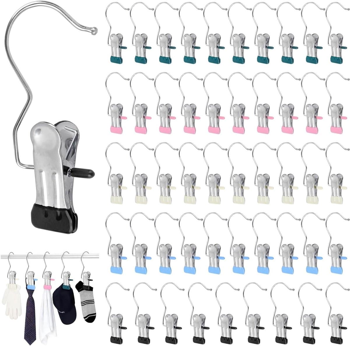 50 Stuks RVS Wasknijpers: 360° Draaibare Klemmen, Draagbare Antislip Haak voor Kleding, Handdoeken en Schoenen in 5 Kleuren — afbeelding 1