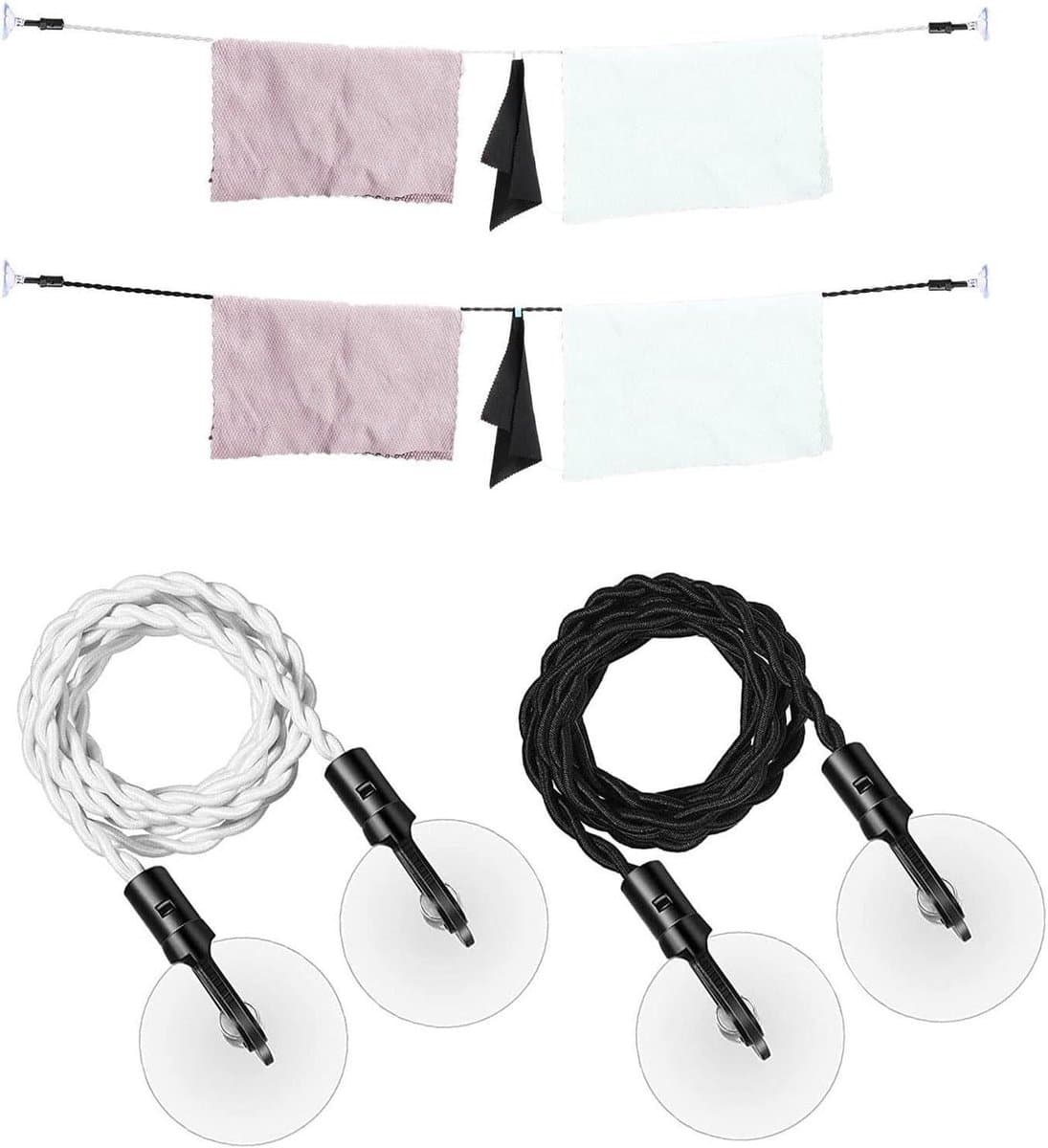 Intrekbare Waslijn - Reiswaslijn Outdoor - Kleding Drogen - Elastisch met Haken - 2.8 Meter - Zwart en Wit — afbeelding 1