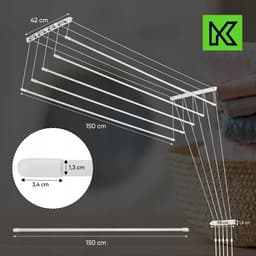KADAX Plafondwasdroger, wasdroger voor het plafond met 5 stangen, wanddroger met stalen spijlen, plafonddroger, draagvermogen tot 10 kg (wit/150 cm) — thumbnail 2