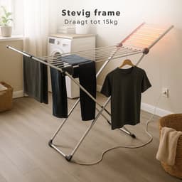 Cheqo® Elektrisch Droogrek - Verwarmd Droogrek - Inklapbaar Wasrek - 12 Meter Droogruimte - 230W Vermogen - Aluminium Materiaal - IPX1 Waterbestendig - Instelbare Temperatuur - 45-55 Graden Celsius - 20 Verwarmde Stangen - Compact Formaat — thumbnail 5