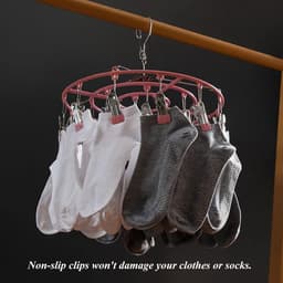Droogrek voor kleding en sokken van roestvrij staal met 24 clips, draaibare haak en winddichte hanger voor sokken, bh's, handdoeken, ondergoed, wasgoed, hoeden, sjaals, broeken en handschoenen (roze clips) — thumbnail 2