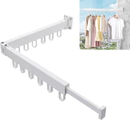 Inklapbaar Wanddroogrek - Uitklapbaar Kledingrek Wand - Uitklapbare Kledingroede Muur - 2-Voudig Wasrek - Voor Wasgoed, Balkon, Badkamer, Terras, Slaapzaal, Appartement - Wit - 1 stuk — thumbnail 1