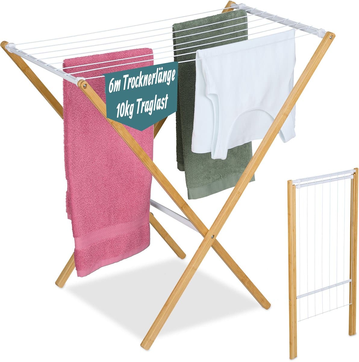 Wasrek inklapbaar - 77x79x49 cm - inklapbaar - staand - bamboe - wit — afbeelding 1