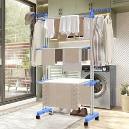 Opvouwbaar Droogrek met 3 Niveaus – 176 cm Hoog – Verrijdbaar en Ruimtebesparend – Blauw/Wit — thumbnail 3