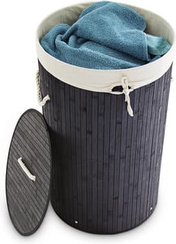 wasmand bamboe - 70 l - opvouwbaar - met deksel en katoenen waszak - Ø 41 cm - zwart — thumbnail 1