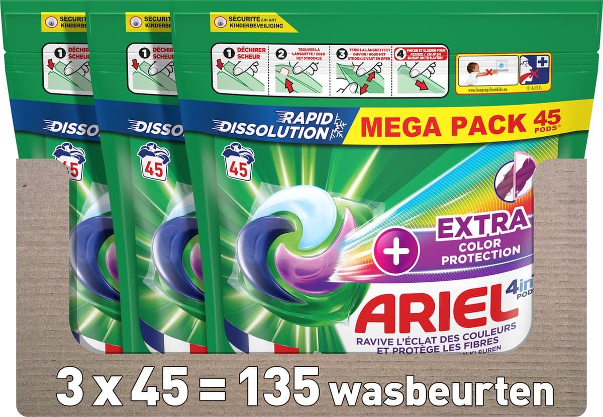 Ariel 4in1 PODS Wasmiddel Pods + Extra Kleurbescherming en Vezelbescherming- 3 x 45 Wasbeurten — afbeelding 1