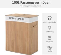 HOMCOM 100 l wasmand wasbox waskorf wassorteerder 2 x vak bamboe 850-020 — thumbnail 2