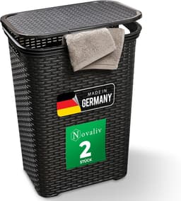 Set van 2 rotan wasmanden met deksel 60L zwart, wasboxset wasemmer wascontainer modern voor badkamer was vuile was, wasmanden vuile wascontainer opvangmand — thumbnail 1
