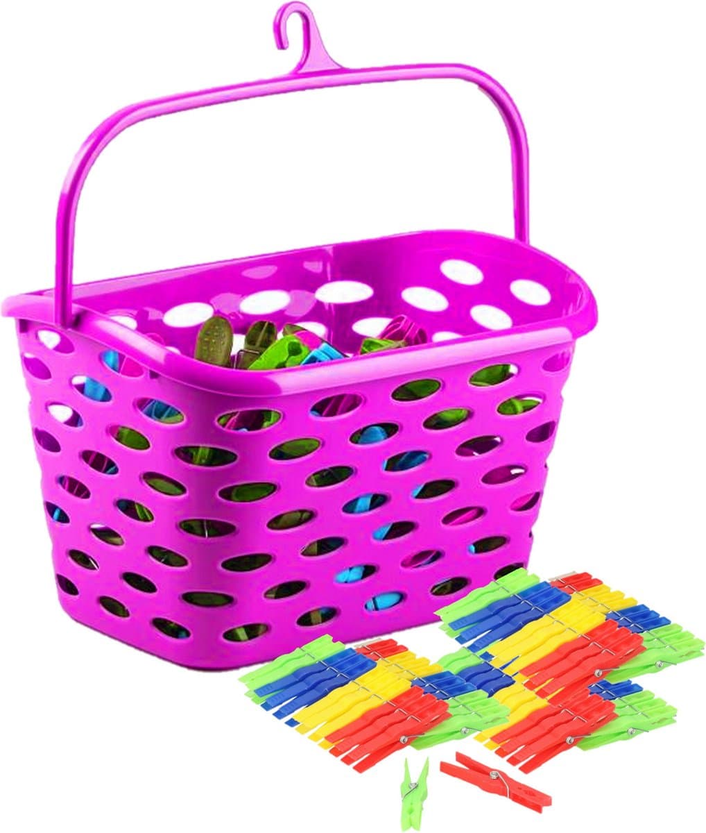 Plasticforte Wasknijpers ophang mandje/bakje - fuchsia roze - met 72x plastic knijpers — afbeelding 1
