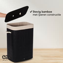 Infinity Goods Wasmand met Deksel Zwart - Bamboe - Wassorteerder - Wasbare katoenen waszak - Handvatten - 72 Liter - Zwart — thumbnail 5