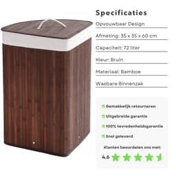 Bamboe Hoek Wasmand met Waszak - Bruin - 72L - Opvouwbaar met Deksel - Duurzaam en Stijlvol - Inclusief EBOOK — thumbnail 5