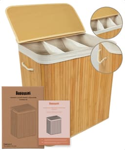 Bellettini® Bamboe Wasmand met Deksel - 3 Compartimenten Wassorteerder - 155 Liter - Naturel — thumbnail 1