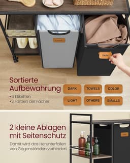 FurnStar - Wasmand 2 vakken - wasverzamelaar 100 l - wassorteerder - rollen - waswagen met planken - waszak - met afneembare vakken - 6 etiketten - kastanjebruin-inktzwart-87 x 33 x 80,5 cm - duifgrijs — thumbnail 3
