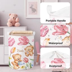 Roze teddybeer tulpenbloem kinderwasmand met deksel - ronde opbergmand voor babykamer - 36 x 45 cm — thumbnail 4