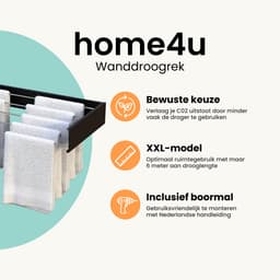 Home4u® Wanddroogrek Inklapbaar XXL - 100cm - Wasdroogrek - Droogrek Inklapbaar - Hangend - 6M lengte — thumbnail 2