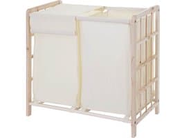 Wasbak MCW-B60, Wasbox wasmand, massief hout 2 vakken 60x60x33cm 68l ~ lichtbruin, deksel crème — afbeelding 1