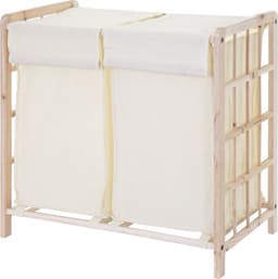 Wasbak MCW-B60, Wasbox wasmand, massief hout 2 vakken 60x60x33cm 68l ~ lichtbruin, deksel crème — thumbnail 2