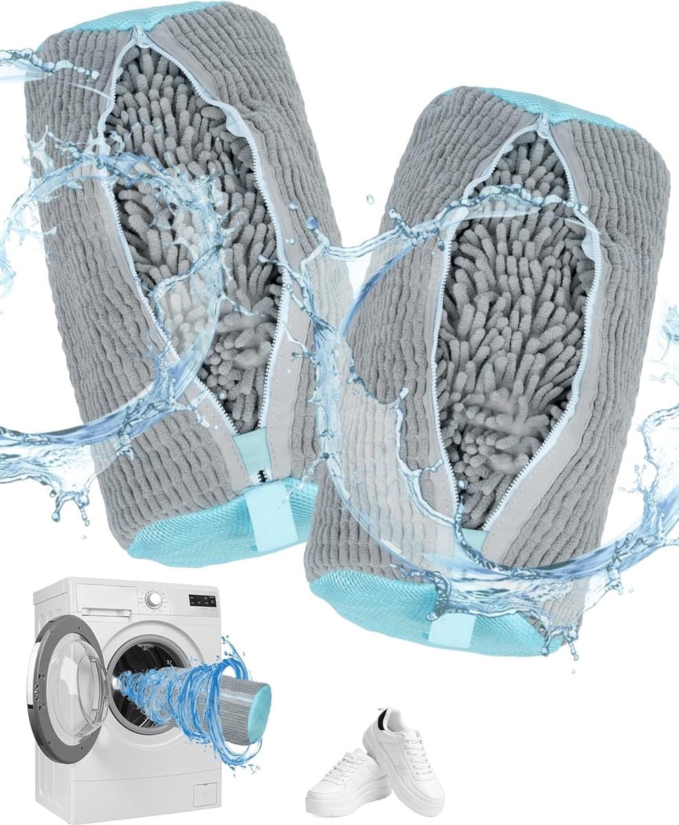 2 stuks schoenwaszakken, wasmachine, schoenenzak, 40 x 20 cm, met ritssluiting, waszak, 360 graden reinigingsdweil, sneakers, waszak voor alle soorten schoenen en maten, herbruikbaar, robuust, grijs — afbeelding 1