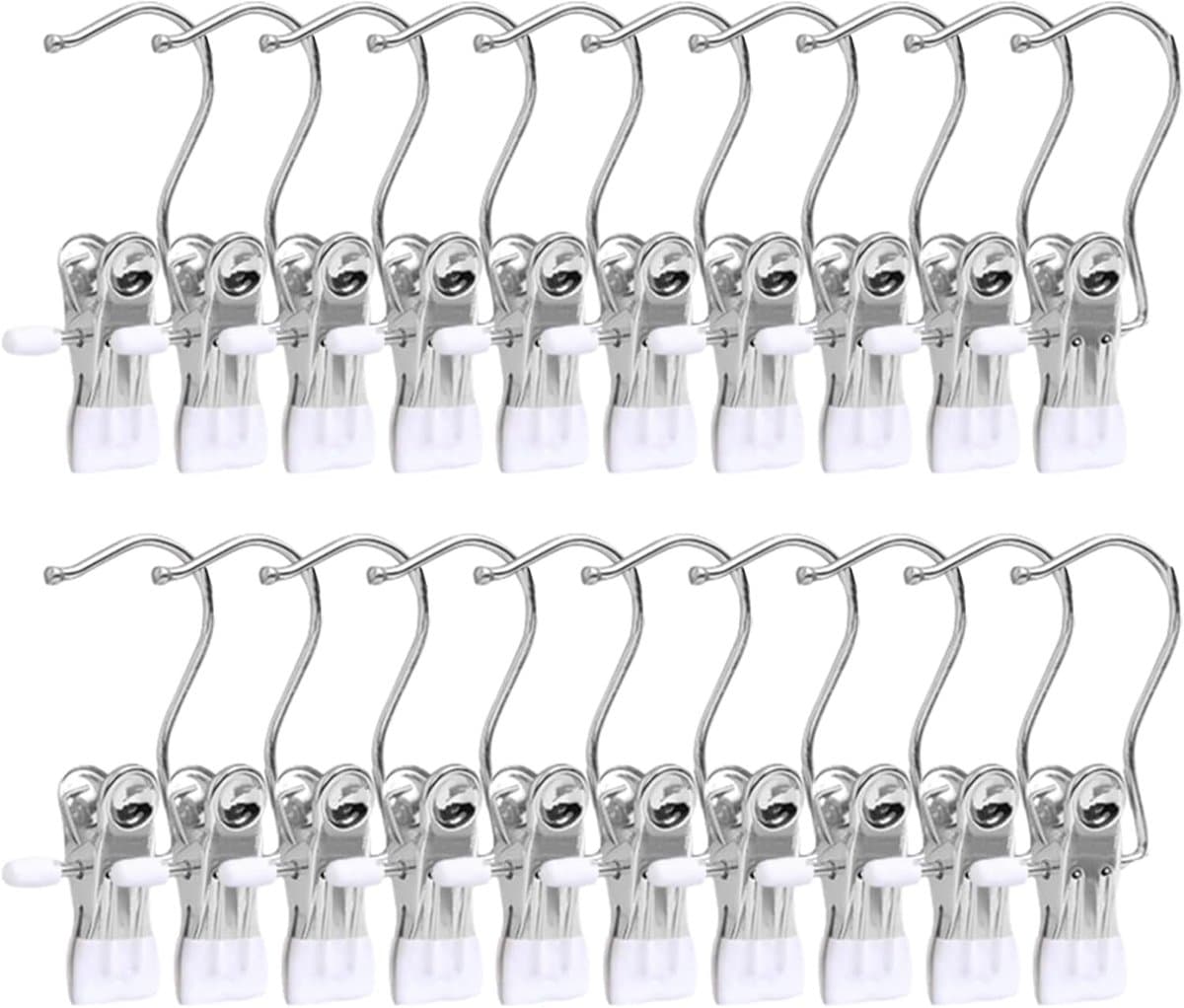 20 Stuks Kledingknijpers - RVS Was Haken - Antislip Kleding Hanger Clip - 360° Draaiende Schoen Clips - Metaal Clips voor Schoenen Sokken Handdoeken (Wit) — afbeelding 1