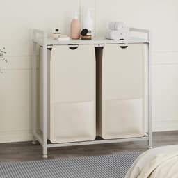 Wasmand 2 vakken, 97L wassorteerder, verrijdbare waswagen – voor wasruimte, slaapkamer, badkamer – wit — thumbnail 4