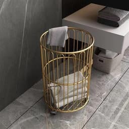 Wasmand met wielen - Rollende mand - Vuile kleding sorteren - Duurzame metalen constructie - Rond formaat - Goud — thumbnail 1