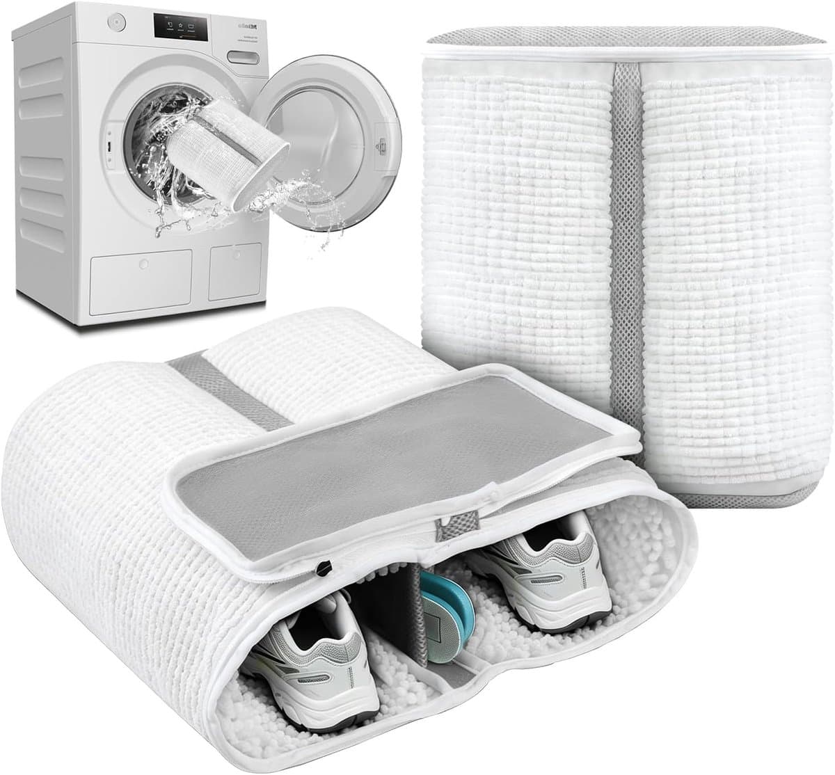 Schoenwaszak XL, 2-in-1 schoenwaszak, wasmachine, waszak voor schoenen en sneakers met extra reinigingsvak voor zolen, schoenwaszak voor schoenen, wasnet, verstevigde ritssluiting (wit) — afbeelding 1