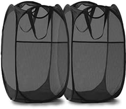 Wasmand - 2 stuks - Opvouwbare wasmand – Pop-up wasmand - Inklapbare pop-up wasmand van gaas - Voorzien van stevige handgrepen en zijvak - Draagbare, opvouwbare mand voor studentenkamers, badkamers en op reis - Zwart — thumbnail 1
